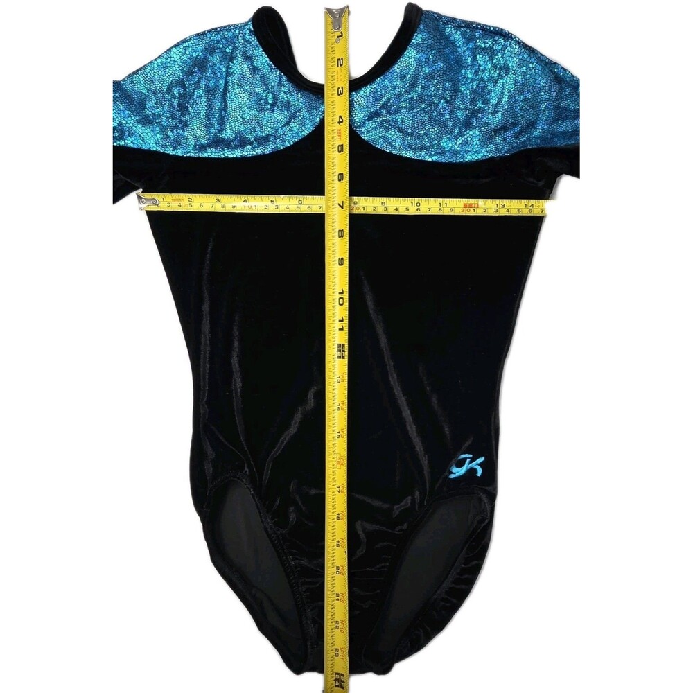 GK Elite VTG Torquoise Reflective Metallic Velvet LS Open Back Leotard Black AM - Picture 9 of 10